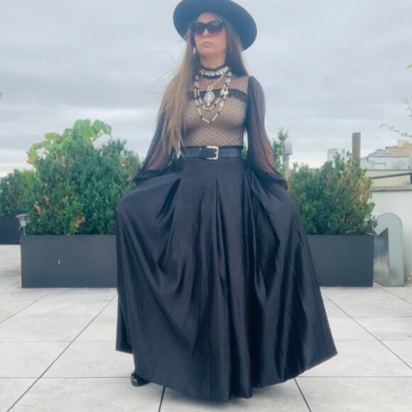 Anthro Full Satin Skater Drama Black Tie Dress Up Maxi Flare Skirt Pockets NWOT - Picture 16 of 16